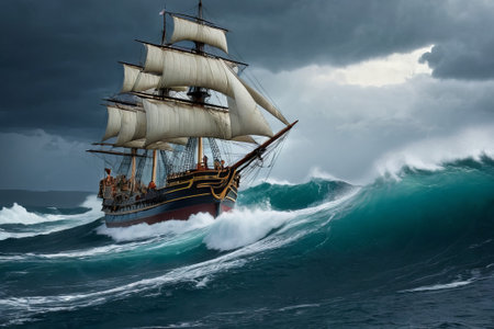 Experience the thrill of adventure in a dramatic photo capturing a majestic sailboat navigating stormy seas a testament to courage and resilience amidst nature fury.の素材