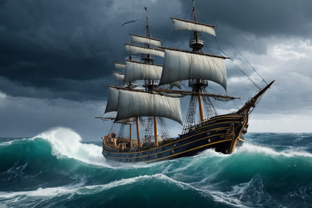 Experience the thrill of adventure in a dramatic photo capturing a majestic sailboat navigating stormy seas a testament to courage and resilience amidst nature fury.の素材