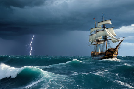 Experience the thrill of adventure in a dramatic photo capturing a majestic sailboat navigating stormy seas a testament to courage and resilience amidst nature fury.の素材