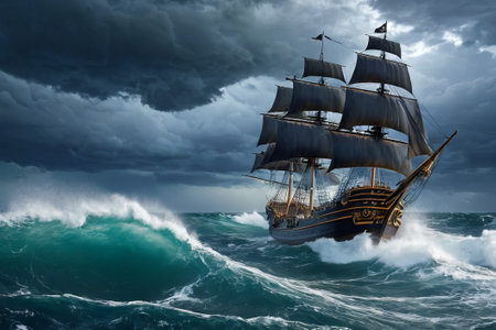 Experience the thrill of adventure in a dramatic photo capturing a majestic sailboat navigating stormy seas a testament to courage and resilience amidst nature fury.の素材