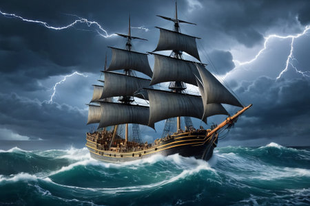 Experience the thrill of adventure in a dramatic photo capturing a majestic sailboat navigating stormy seas a testament to courage and resilience amidst nature fury.の素材