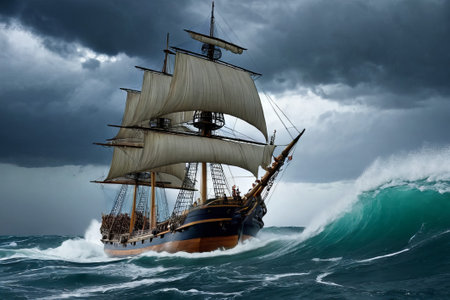 Experience the thrill of adventure in a dramatic photo capturing a majestic sailboat navigating stormy seas a testament to courage and resilience amidst nature fury.の素材