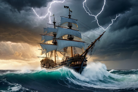 Experience the thrill of adventure in a dramatic photo capturing a majestic sailboat navigating stormy seas a testament to courage and resilience amidst nature fury.の素材