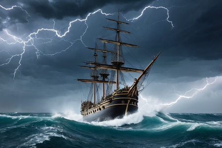 Experience the thrill of adventure in a dramatic photo capturing a majestic sailboat navigating stormy seas a testament to courage and resilience amidst nature fury.の素材