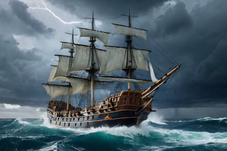 Experience the thrill of adventure in a dramatic photo capturing a majestic sailboat navigating stormy seas a testament to courage and resilience amidst nature fury.の素材