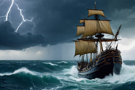 Experience the thrill of adventure in a dramatic photo capturing a majestic sailboat navigating stormy seas a testament to courage and resilience amidst nature fury.の素材