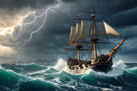 Experience the thrill of adventure in a dramatic photo capturing a majestic sailboat navigating stormy seas a testament to courage and resilience amidst nature fury.の素材