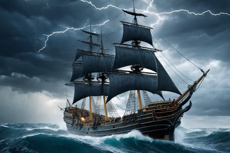 Experience the thrill of adventure in a dramatic photo capturing a majestic sailboat navigating stormy seas a testament to courage and resilience amidst nature fury.の素材