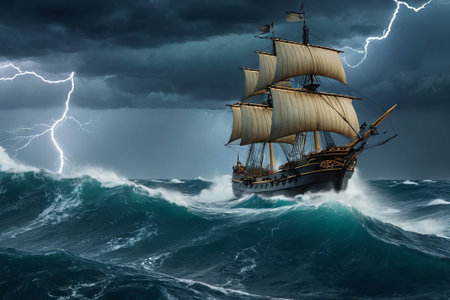 Experience the thrill of adventure in a dramatic photo capturing a majestic sailboat navigating stormy seas a testament to courage and resilience amidst nature fury.の素材