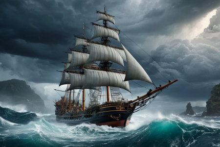 Experience the thrill of adventure in a dramatic photo capturing a majestic sailboat navigating stormy seas a testament to courage and resilience amidst nature fury.の素材