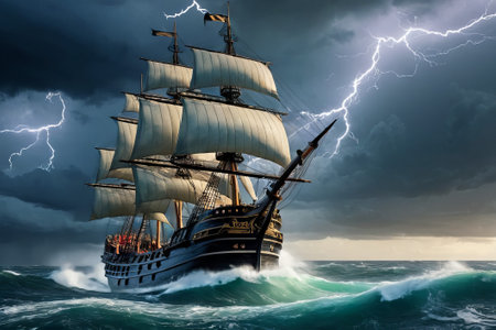 Experience the thrill of adventure in a dramatic photo capturing a majestic sailboat navigating stormy seas a testament to courage and resilience amidst nature fury.の素材