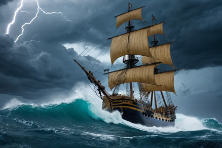 Experience the thrill of adventure in a dramatic photo capturing a majestic sailboat navigating stormy seas a testament to courage and resilience amidst nature fury.の素材