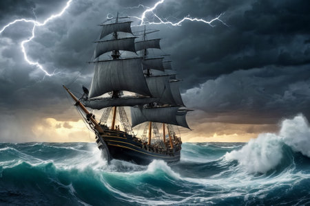 Experience the thrill of adventure in a dramatic photo capturing a majestic sailboat navigating stormy seas a testament to courage and resilience amidst nature fury.の素材