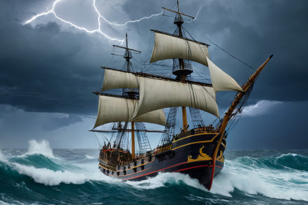 Experience the thrill of adventure in a dramatic photo capturing a majestic sailboat navigating stormy seas a testament to courage and resilience amidst nature fury.の素材