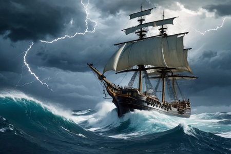 Experience the thrill of adventure in a dramatic photo capturing a majestic sailboat navigating stormy seas a testament to courage and resilience amidst nature fury.の素材