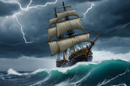 Experience the thrill of adventure in a dramatic photo capturing a majestic sailboat navigating stormy seas a testament to courage and resilience amidst nature fury.の素材