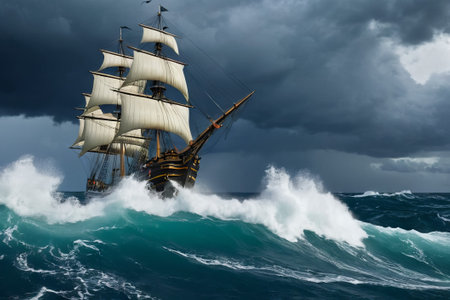 Experience the thrill of adventure in a dramatic photo capturing a majestic sailboat navigating stormy seas a testament to courage and resilience amidst nature fury.の素材