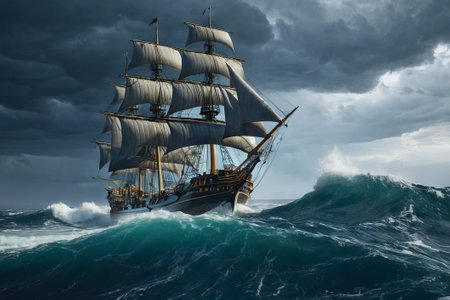 Experience the thrill of adventure in a dramatic photo capturing a majestic sailboat navigating stormy seas a testament to courage and resilience amidst nature fury.の素材