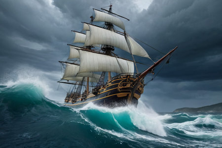 Experience the thrill of adventure in a dramatic photo capturing a majestic sailboat navigating stormy seas a testament to courage and resilience amidst nature fury.の素材