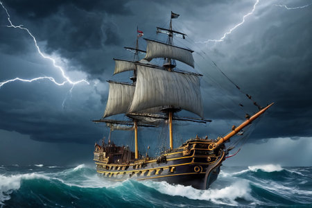 Experience the thrill of adventure in a dramatic photo capturing a majestic sailboat navigating stormy seas a testament to courage and resilience amidst nature fury.の素材