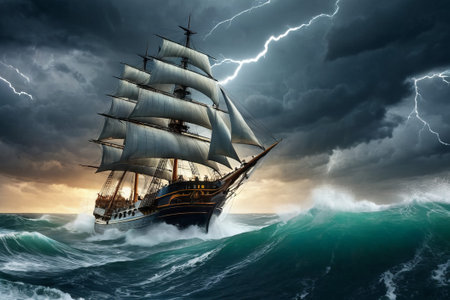 Experience the thrill of adventure in a dramatic photo capturing a majestic sailboat navigating stormy seas a testament to courage and resilience amidst nature fury.の素材