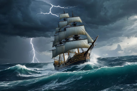 Experience the thrill of adventure in a dramatic photo capturing a majestic sailboat navigating stormy seas a testament to courage and resilience amidst nature fury.の素材