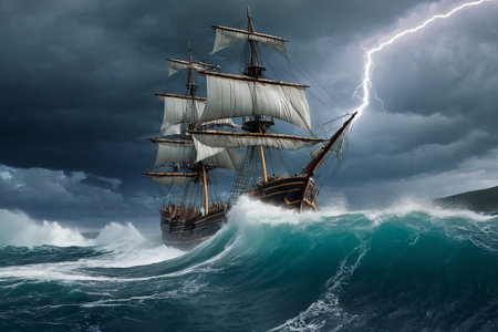 Experience the thrill of adventure in a dramatic photo capturing a majestic sailboat navigating stormy seas a testament to courage and resilience amidst nature fury.の素材