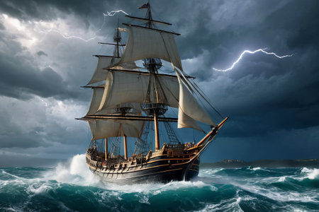 Experience the thrill of adventure in a dramatic photo capturing a majestic sailboat navigating stormy seas a testament to courage and resilience amidst nature fury.の素材