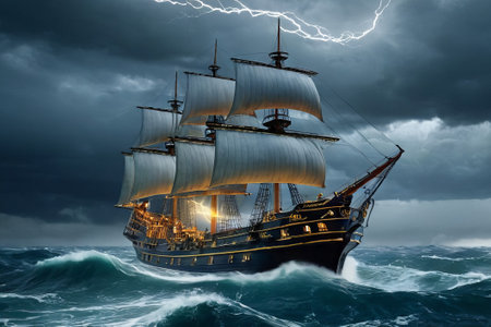 Experience the thrill of adventure in a dramatic photo capturing a majestic sailboat navigating stormy seas a testament to courage and resilience amidst nature fury.の素材