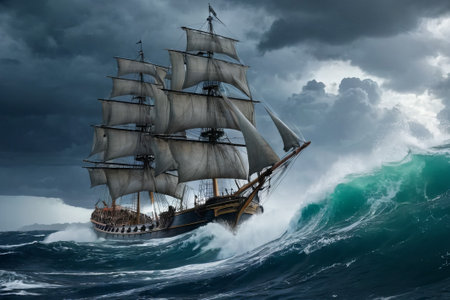 Experience the thrill of adventure in a dramatic photo capturing a majestic sailboat navigating stormy seas a testament to courage and resilience amidst nature fury.の素材
