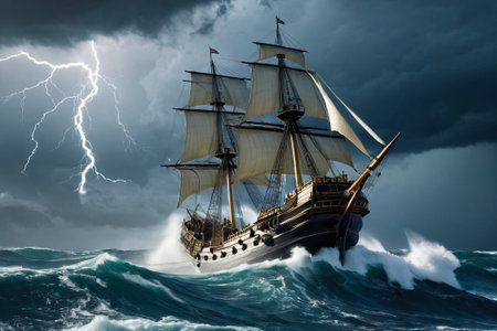 Experience the thrill of adventure in a dramatic photo capturing a majestic sailboat navigating stormy seas a testament to courage and resilience amidst nature fury.の素材