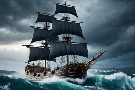 Experience the thrill of adventure in a dramatic photo capturing a majestic sailboat navigating stormy seas a testament to courage and resilience amidst nature fury.の素材