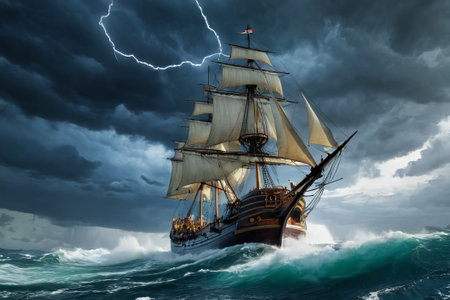 Experience the thrill of adventure in a dramatic photo capturing a majestic sailboat navigating stormy seas a testament to courage and resilience amidst nature fury.の素材