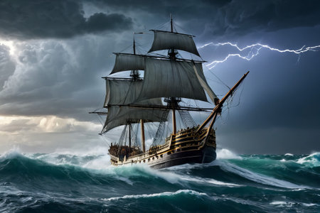 Experience the thrill of adventure in a dramatic photo capturing a majestic sailboat navigating stormy seas a testament to courage and resilience amidst nature fury.の素材