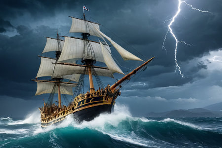 Experience the thrill of adventure in a dramatic photo capturing a majestic sailboat navigating stormy seas a testament to courage and resilience amidst nature fury.の素材