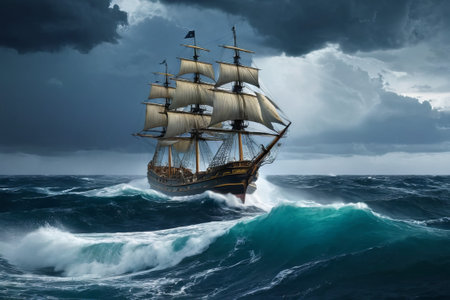 Experience the thrill of adventure in a dramatic photo capturing a majestic sailboat navigating stormy seas a testament to courage and resilience amidst nature fury.の素材