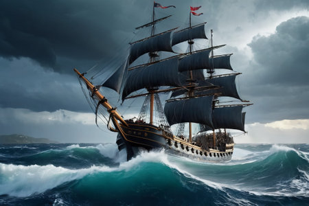 Experience the thrill of adventure in a dramatic photo capturing a majestic sailboat navigating stormy seas a testament to courage and resilience amidst nature fury.の素材