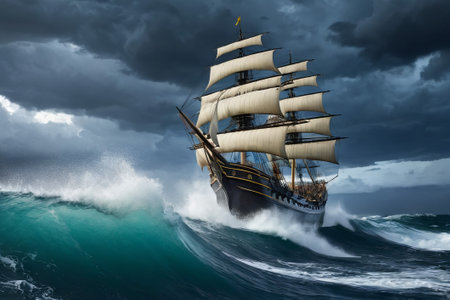 Experience the thrill of adventure in a dramatic photo capturing a majestic sailboat navigating stormy seas a testament to courage and resilience amidst nature fury.の素材