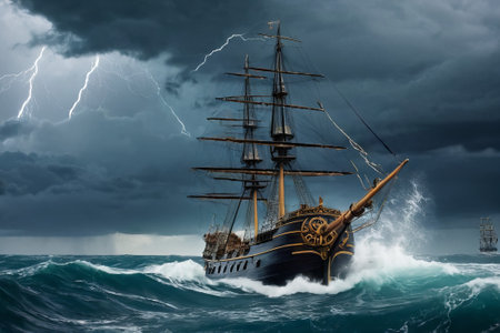 Experience the thrill of adventure in a dramatic photo capturing a majestic sailboat navigating stormy seas a testament to courage and resilience amidst nature fury.の素材