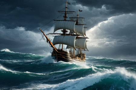 Experience the thrill of adventure in a dramatic photo capturing a majestic sailboat navigating stormy seas a testament to courage and resilience amidst nature fury.の素材