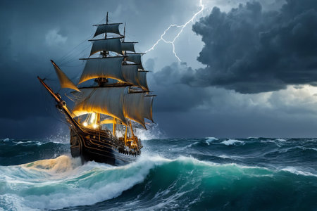 Experience the thrill of adventure in a dramatic photo capturing a majestic sailboat navigating stormy seas a testament to courage and resilience amidst nature fury.の素材