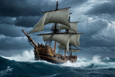Experience the thrill of adventure in a dramatic photo capturing a majestic sailboat navigating stormy seas a testament to courage and resilience amidst nature fury.の素材