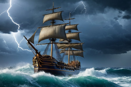 Experience the thrill of adventure in a dramatic photo capturing a majestic sailboat navigating stormy seas a testament to courage and resilience amidst nature fury.の素材