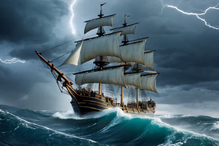 Experience the thrill of adventure in a dramatic photo capturing a majestic sailboat navigating stormy seas a testament to courage and resilience amidst nature fury.の素材