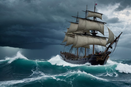 Experience the thrill of adventure in a dramatic photo capturing a majestic sailboat navigating stormy seas a testament to courage and resilience amidst nature fury.の素材