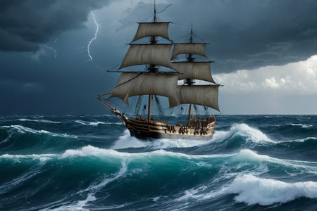 Experience the thrill of adventure in a dramatic photo capturing a majestic sailboat navigating stormy seas a testament to courage and resilience amidst nature fury.の素材