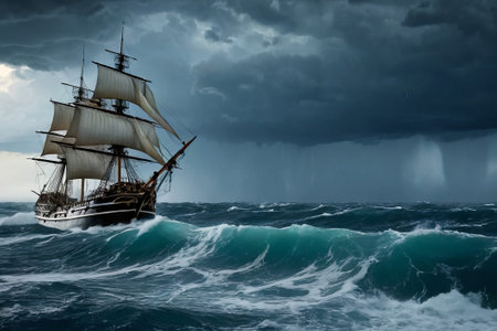 Experience the thrill of adventure in a dramatic photo capturing a majestic sailboat navigating stormy seas a testament to courage and resilience amidst nature fury.の素材