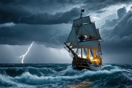 Experience the thrill of adventure in a dramatic photo capturing a majestic sailboat navigating stormy seas a testament to courage and resilience amidst nature fury.の素材
