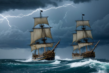 Experience the thrill of adventure in a dramatic photo capturing a majestic sailboat navigating stormy seas a testament to courage and resilience amidst nature fury.の素材