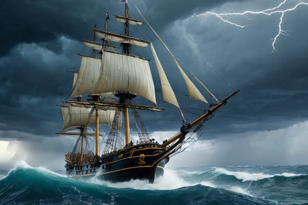 Experience the thrill of adventure in a dramatic photo capturing a majestic sailboat navigating stormy seas a testament to courage and resilience amidst nature fury.の素材
